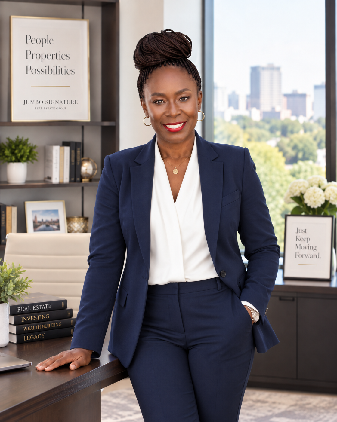 Chichi Jumbo, broker and owner of JS, in her Birmingham office beside a framed People, Properties, Possibilities sign