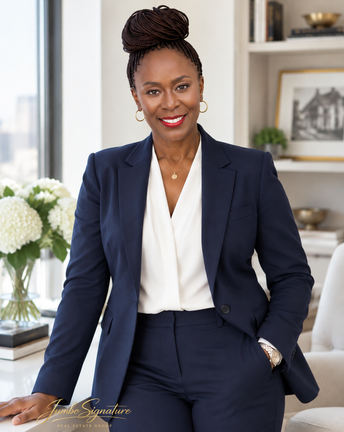 Chichi Jumbo, broker and owner of JS, seated at her desk in a bright, elegant office with the Jumbo Signature Real Estate Group mark