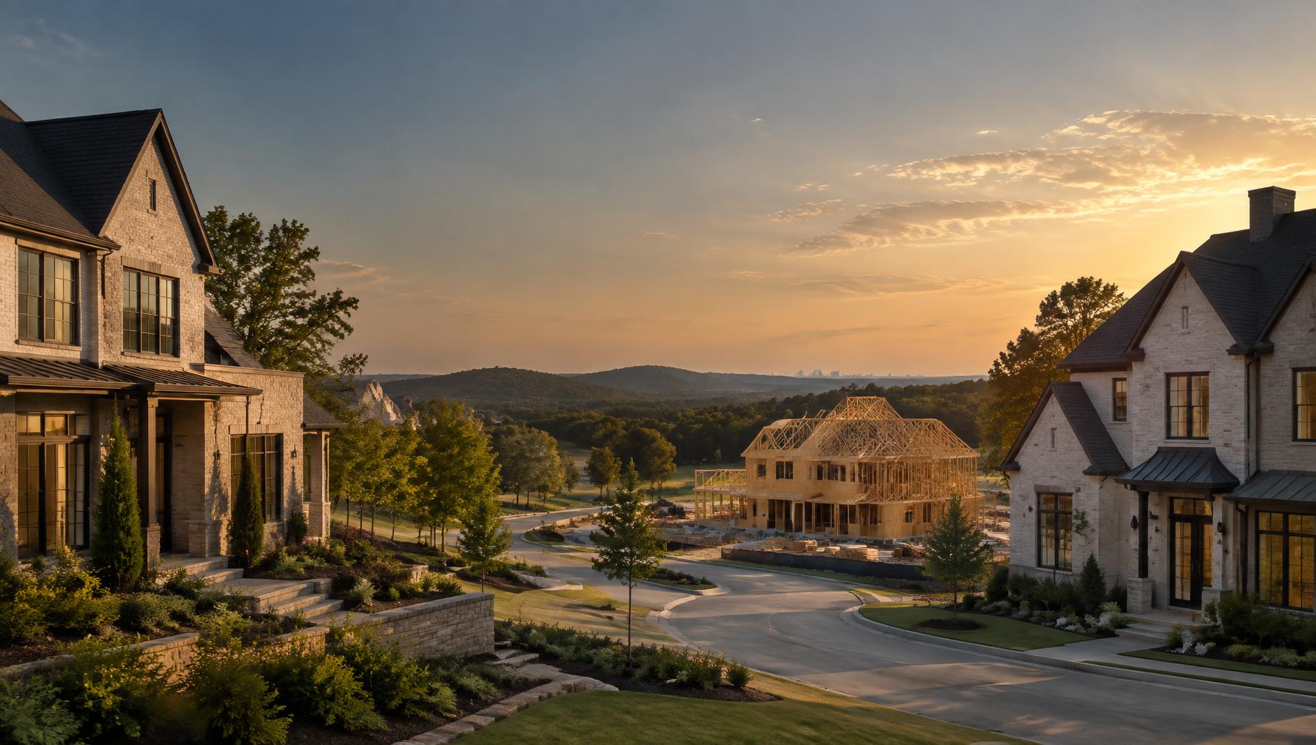 Newly built residences surrounding a home under construction in a planned Alabama community