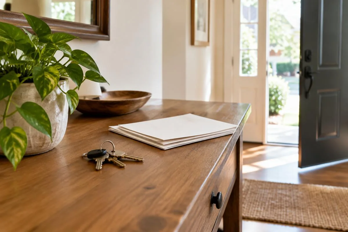 House keys and neutral paperwork on a console in a bright residential entryway.